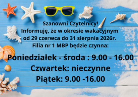 Filia nr 1 - wakacyjne godziny otwarcia